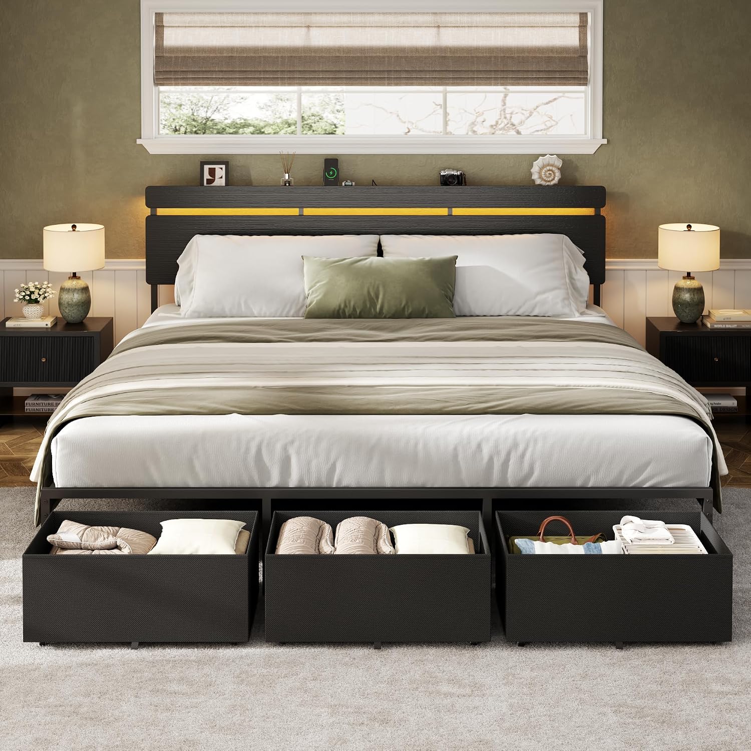 King Size Bed Frame With Storage Drawers - Telaio per letto matrimoniale Forestell con